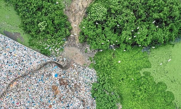 TOPSHOT - This aerial photo taken on June 5, 2021 shows a flock of birds flying over plastic waste at a collection site in Alue Lim village in Lhokseumawe, Indonesia's Aceh province. (Photo by Azwar Ipank / AFP)